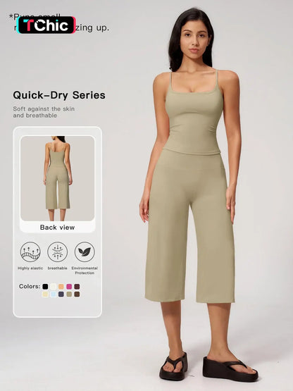 New Yoga Tank Top High Waist Quick-Dry Casual Culottes Capris Pants Running Outdoor Yoga Set for Women, Capris ,Comfortable and Stylish Activewear
